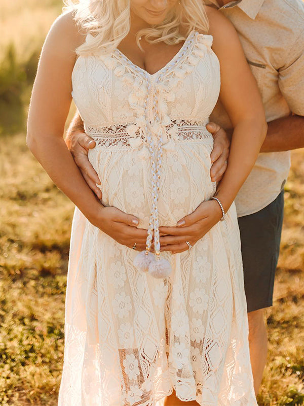 Momsmood Lace Bohemian Spaghetti Strap Tassel Backless V-Neck Photoshoot Maternity Maxi Dress
