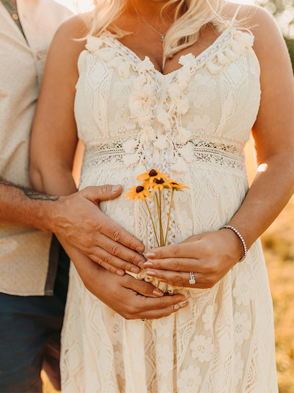 Momsmood Lace Bohemian Spaghetti Strap Tassel Backless V-Neck Photoshoot Maternity Maxi Dress