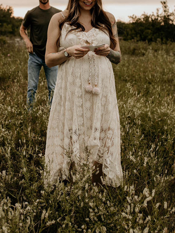 Momsmood Lace Bohemian Spaghetti Strap Tassel Backless V-Neck Photoshoot Maternity Maxi Dress