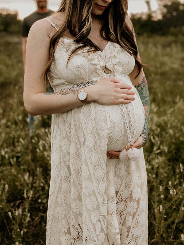 Momsmood Lace Bohemian Spaghetti Strap Tassel Backless V-Neck Photoshoot Maternity Maxi Dress