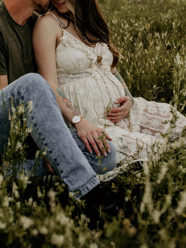 Momsmood Lace Bohemian Spaghetti Strap Tassel Backless V-Neck Photoshoot Maternity Maxi Dress