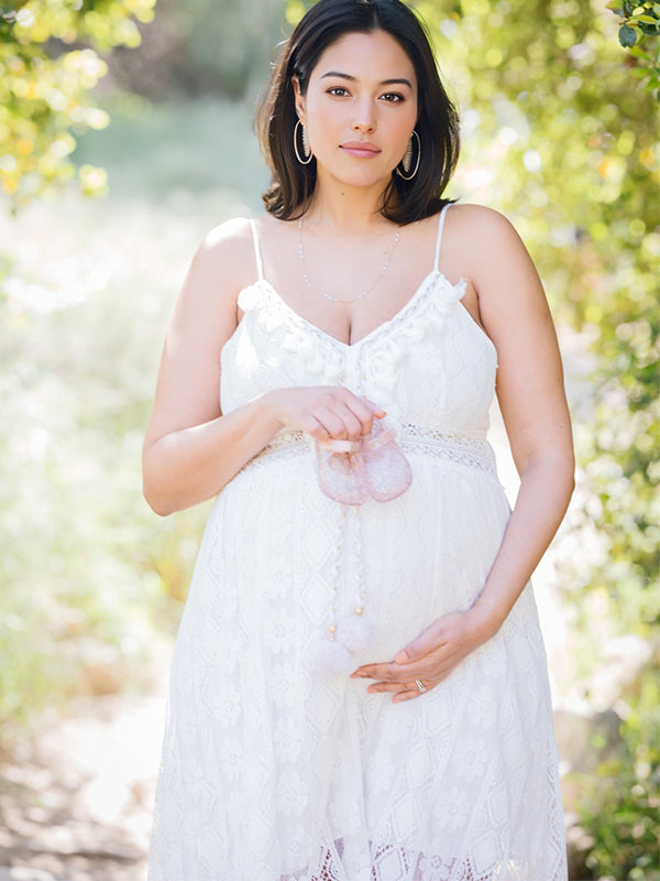 Momsmood Lace Bohemian Spaghetti Strap Tassel Backless V-Neck Photoshoot Maternity Maxi Dress