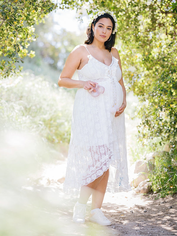 Momsmood Lace Bohemian Spaghetti Strap Tassel Backless V-Neck Photoshoot Maternity Maxi Dress
