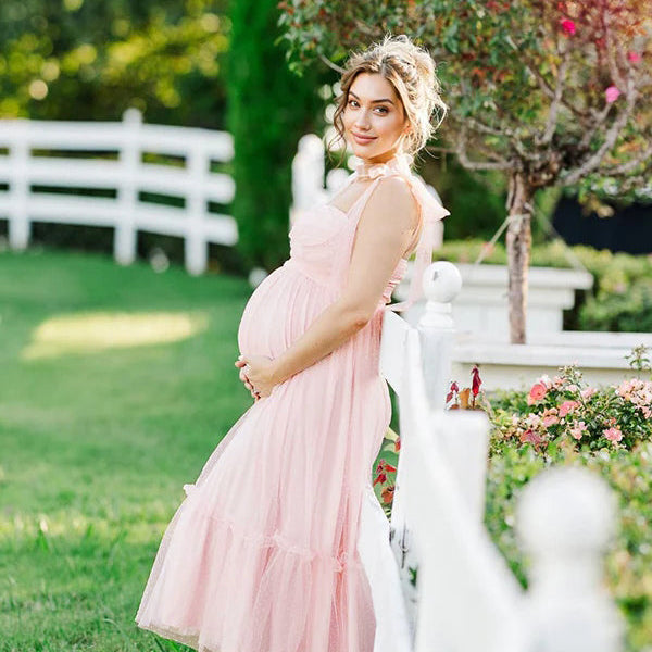 Momsmood Light Pink Polka Dot Bow Ruffle Falbala Tie-Shoulder A-line Tulle Princess Dress Elegant Maternity Photoshoot Baby Shower Maxi Dress