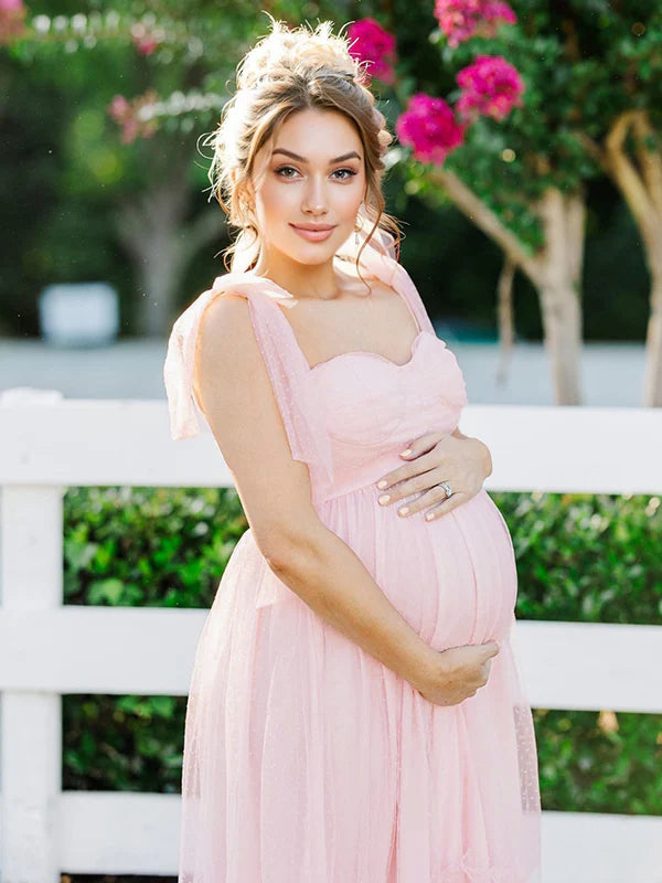 Momsmood Light Pink Polka Dot Bow Ruffle Falbala Tie-Shoulder A-line Tulle Princess Dress Elegant Maternity Photoshoot Baby Shower Maxi Dress