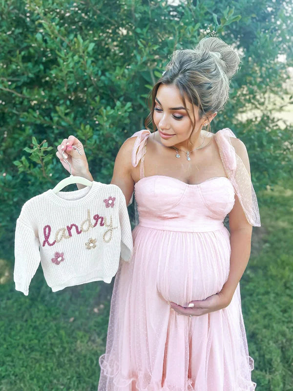 Momsmood Light Pink Polka Dot Bow Ruffle Falbala Tie-Shoulder A-line Tulle Princess Dress Elegant Maternity Photoshoot Baby Shower Maxi Dress