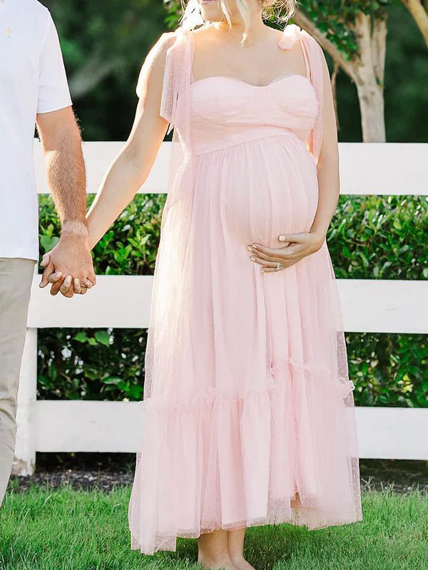 Momsmood Light Pink Polka Dot Bow Ruffle Falbala Tie-Shoulder A-line Tulle Princess Dress Elegant Maternity Photoshoot Baby Shower Maxi Dress