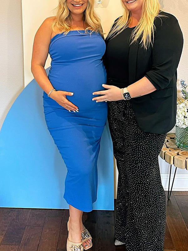 Momsmood Blue Knit Bandeau Side Slit Strapless Bodycon Eleagnt Going Out Maternity Photoshoot Baby Shower Maxi Dress