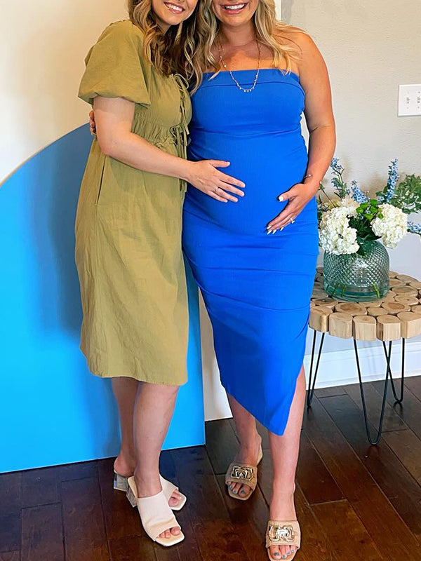 Momsmood Blue Knit Bandeau Side Slit Strapless Bodycon Eleagnt Going Out Maternity Photoshoot Baby Shower Maxi Dress