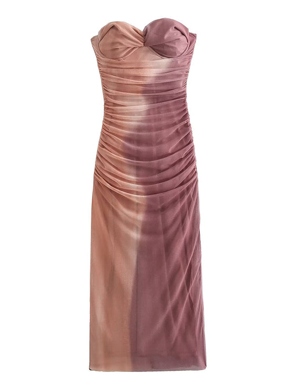 Momsmood Tie Dye Mesh Ruched Bandeau Strapless Bodycon Chic Gender Reveal Party Maternity Photoshoot Baby Shower Maxi Dress
