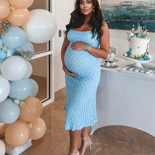 Momsmood Blue Spaghetti Strap Bodycon Mermaid Backless Baby Shower Maternity Maxi Dress