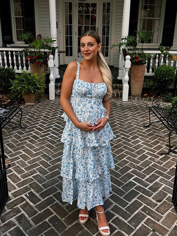 Momsmood Blue Floral Layered Ruffle Falbala Tiered Skirt Tank Backless Elegant Vacation Flowy Maternity Photoshoot Baby Shower Maxi Dress