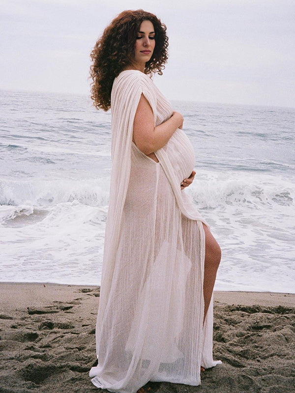 Momsmood White Irregular Side Slit Off Shoulder Deep V-neck Flowy Beach Cover Up Elegant Vacation Maternity Photoshoot Maxi Dress