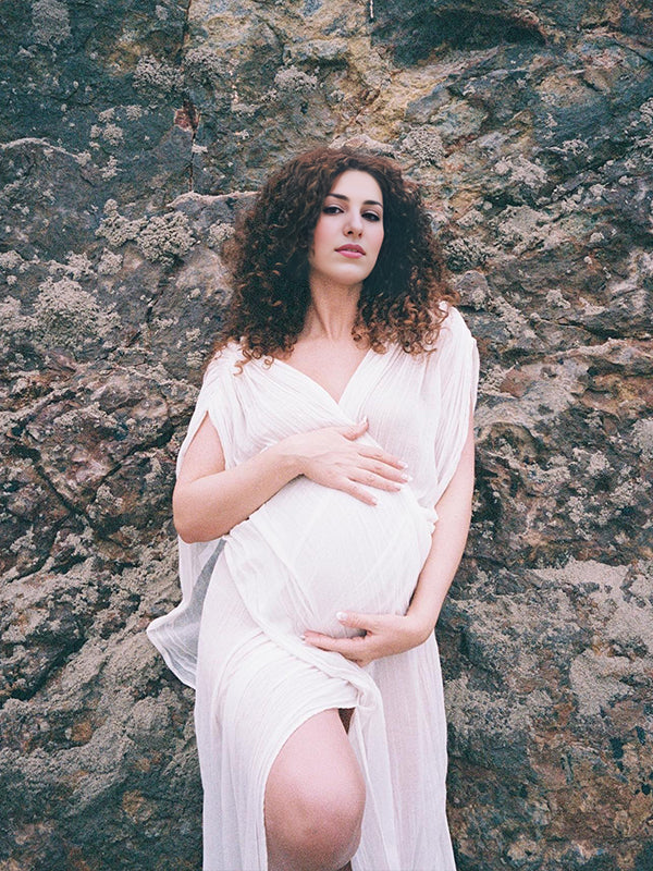 Momsmood White Irregular Side Slit Off Shoulder Deep V-neck Flowy Beach Cover Up Elegant Vacation Maternity Photoshoot Maxi Dress
