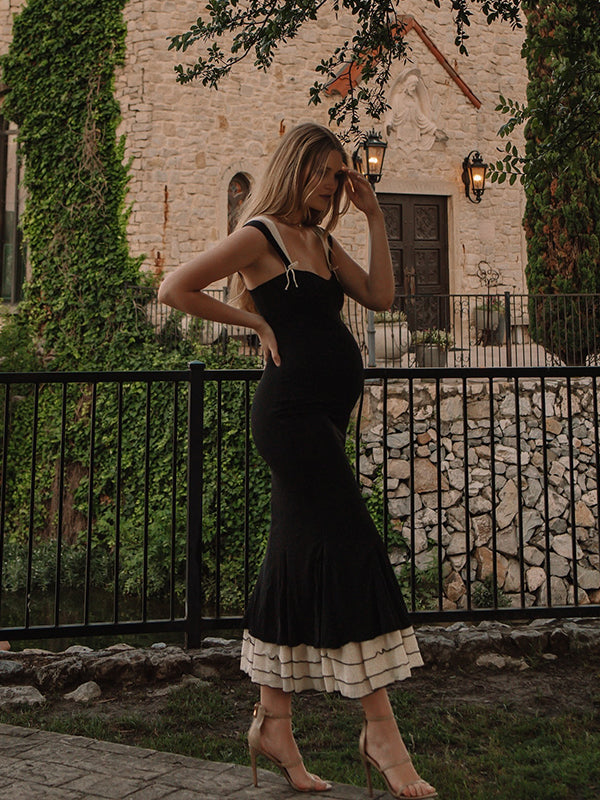 Momsmood Black Falbala Bow Ruffle Tank Patchwork Mermaid Sweetheart Neckline Elegant Evening Gown Maternity Photoshoot Baby Shower Maxi Dress