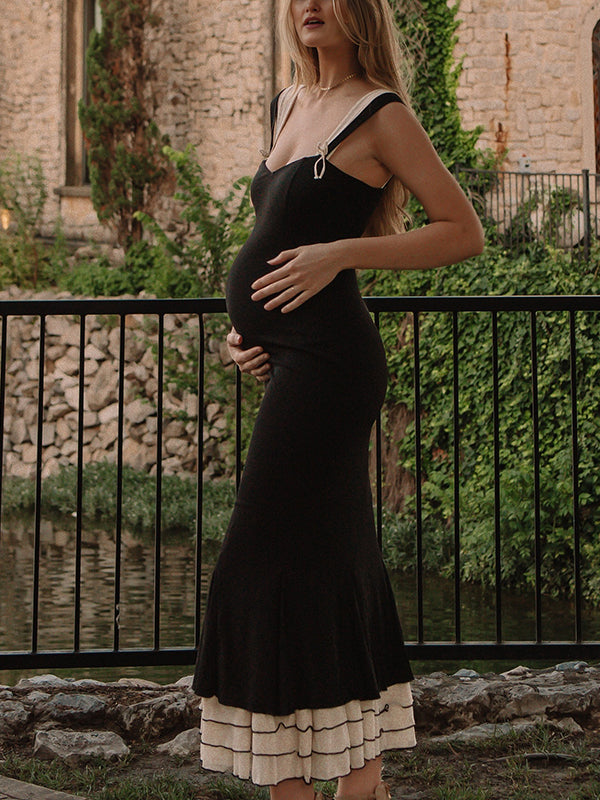 Momsmood Black Falbala Bow Ruffle Tank Patchwork Mermaid Sweetheart Neckline Elegant Evening Gown Maternity Photoshoot Baby Shower Maxi Dress