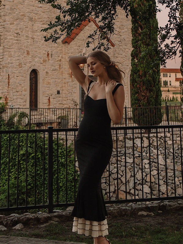 Momsmood Black Falbala Bow Ruffle Tank Patchwork Mermaid Sweetheart Neckline Elegant Evening Gown Maternity Photoshoot Baby Shower Maxi Dress