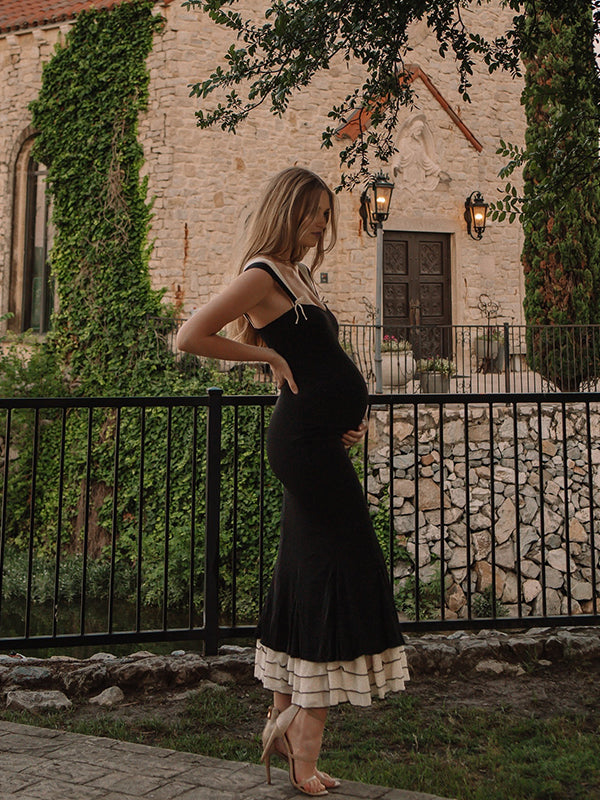 Momsmood Black Falbala Bow Ruffle Tank Patchwork Mermaid Sweetheart Neckline Elegant Evening Gown Maternity Photoshoot Baby Shower Maxi Dress