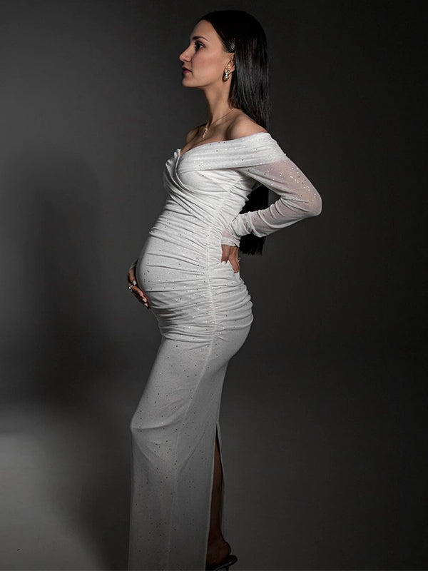 Momsmood White Off Shoulder Sparkly Back Slit Sheer Bodycon Elegant Baby Shower Evening Photoshoot Maternity Maxi Dress