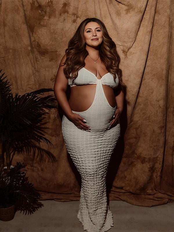 Momsmood Beige Cut Out Solid Color Mermaid Bodycon Vacation Photoshoot Babyshower Maternity Maxi Dress