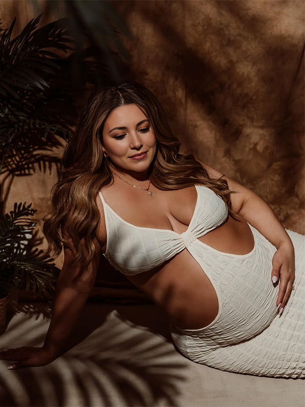 Momsmood Beige Cut Out Solid Color Mermaid Bodycon Vacation Photoshoot Babyshower Maternity Maxi Dress