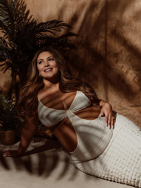 Momsmood Beige Cut Out Solid Color Mermaid Bodycon Vacation Photoshoot Babyshower Maternity Maxi Dress