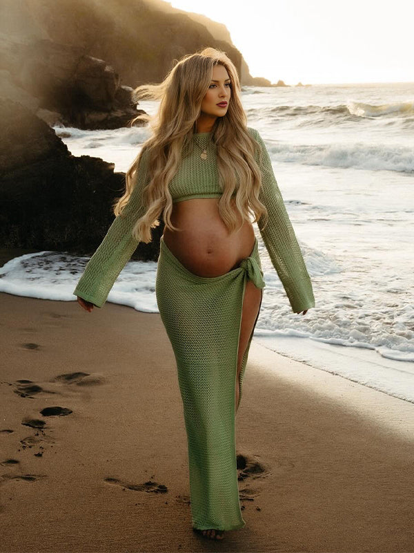 Momsmood 2-in-1 Cut Out Side Slit Fashion Vacation Cover Up Beach Photoshoot Maternity Maxi Dress