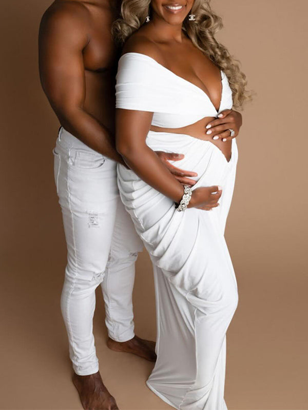Momsmood White 2-in-1 Off Shoulder Ruched V-neck Bodycon Photoshoot Babyshower Maternity Maxi Dress