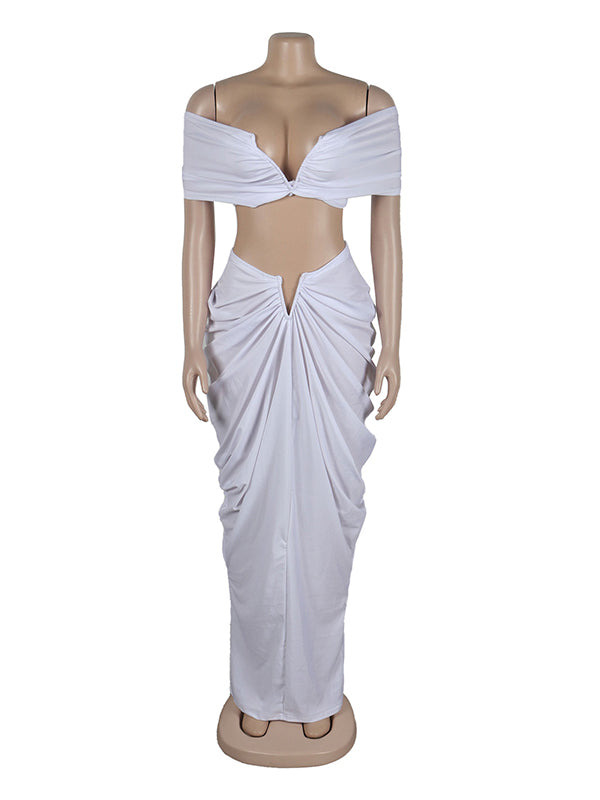 Momsmood White 2-in-1 Off Shoulder Ruched V-neck Bodycon Photoshoot Babyshower Maternity Maxi Dress