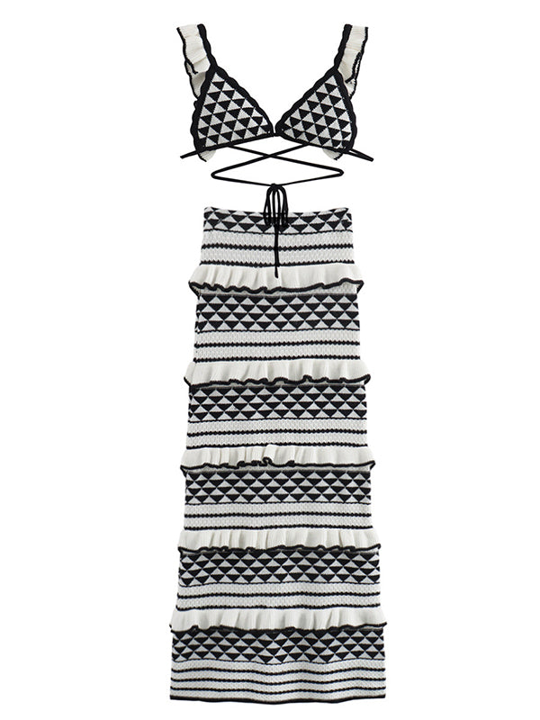 Momsmood Crochet Two Piece Set Halter Neck Bra And Multilayer Ruffle Bodycon Maternity Maxi Dress