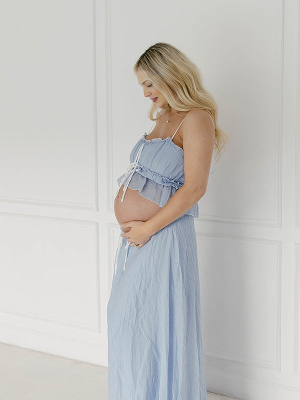 Momsmood Blue Falbala Two Piece Set Cami Ruffle Crop Top And Big Swing Maxi Dress