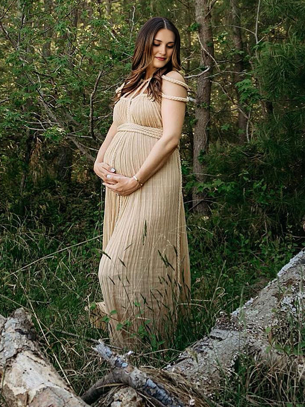 Momsmood Solid Color Drawstring Backless Cut Out Linen Cotton Vacation Gown Photoshoot Maternity Maxi Dress