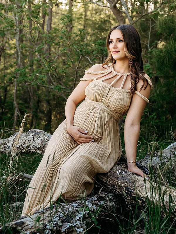 Momsmood Solid Color Drawstring Backless Cut Out Linen Cotton Vacation Gown Photoshoot Maternity Maxi Dress