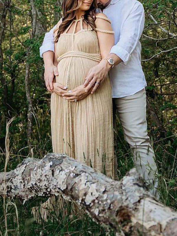 Momsmood Solid Color Drawstring Backless Cut Out Linen Cotton Vacation Gown Photoshoot Maternity Maxi Dress