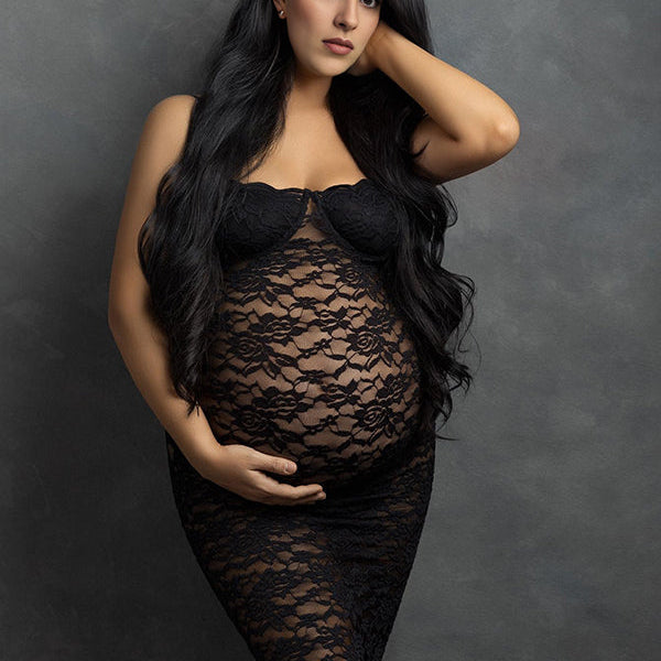 Momsmood Black Lace Back Slit Sheer Bodycon Elegant Photoshoot Maternity Maxi Dress