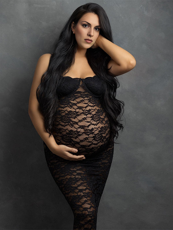 Momsmood Black Lace Back Slit Sheer Bodycon Elegant Photoshoot Maternity Maxi Dress