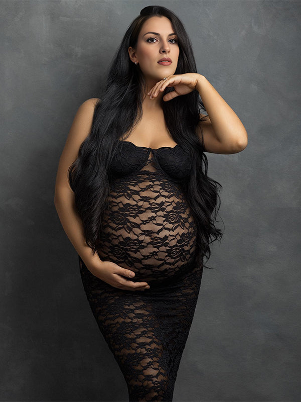 Momsmood Black Lace Back Slit Sheer Bodycon Elegant Photoshoot Maternity Maxi Dress