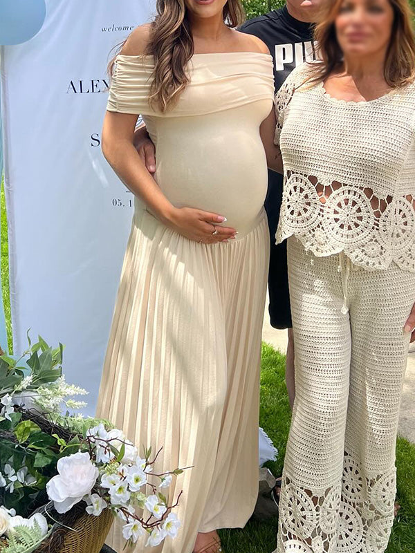 Momsmood Apricot Off Shoulder Ruched Pleated Big Swing Elegant Evening Gown Maternity Boho Photoshoot Baby Shower Maxi Dress