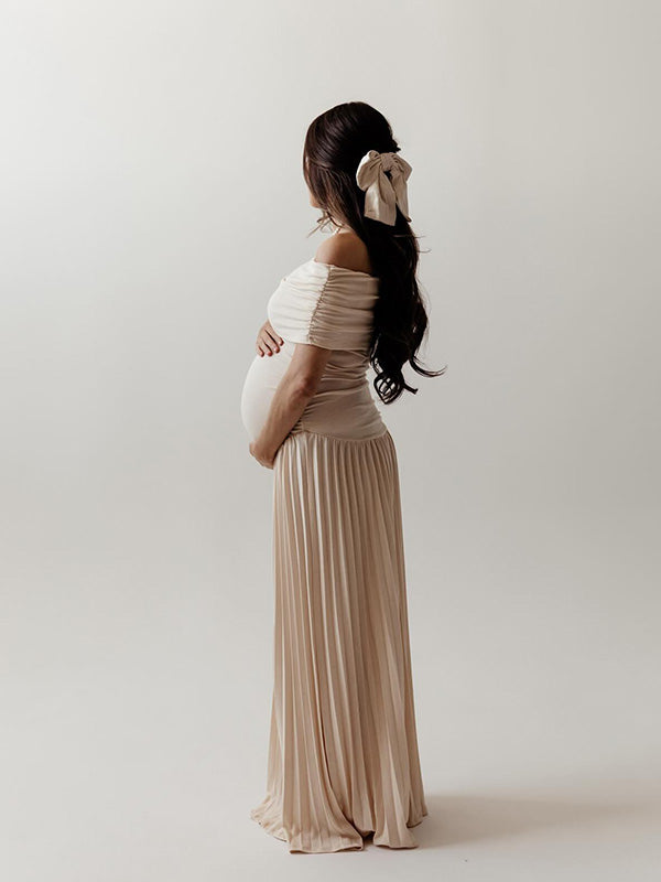 Apricot Off Shoulder Drop Waist Maternity Maxi Dress