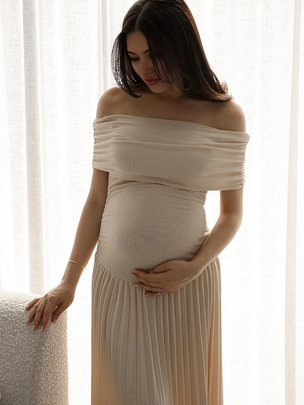 Apricot Off Shoulder Drop Waist Maternity Maxi Dress