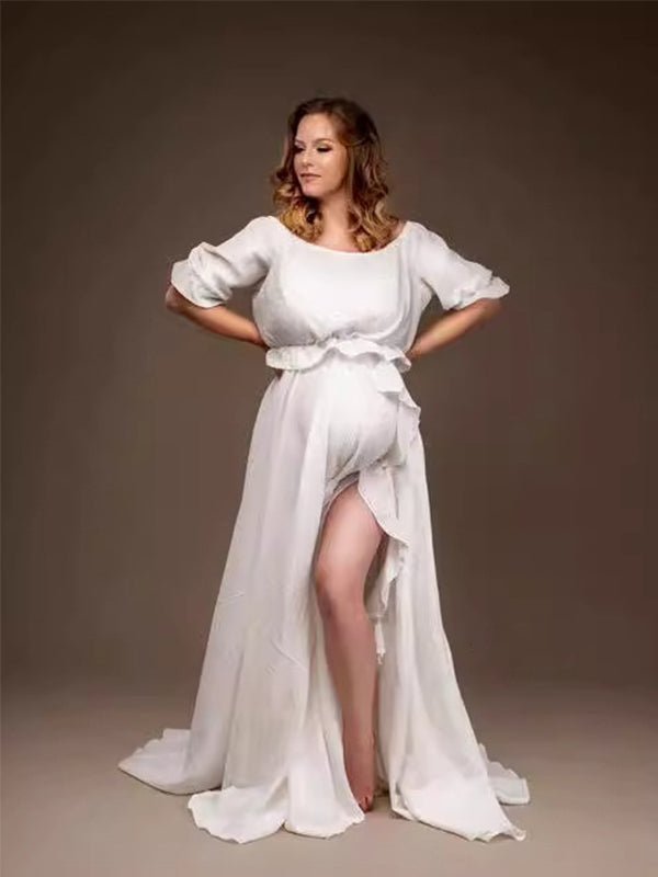Momsmood Solid Color Off Shoulder Backless Ruffle Crop Side Slit 2-in-1 Photoshoot Maternity Maxi Dress