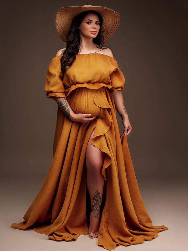 Momsmood Solid Color Off Shoulder Backless Ruffle Crop Side Slit 2-in-1 Photoshoot Maternity Maxi Dress
