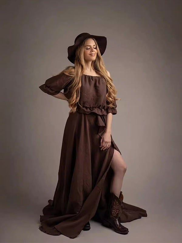 Momsmood Solid Color Off Shoulder Backless Ruffle Crop Side Slit 2-in-1 Photoshoot Maternity Maxi Dress