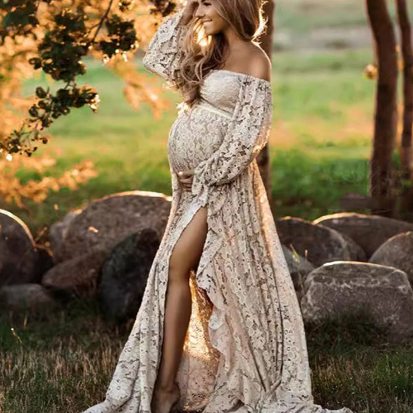 Momsmood Boho Lace Off Shoulder Lace Tassel Crop 2-in-1 Side Slit Ruffle Photoshoot Maternity Maxi Dress