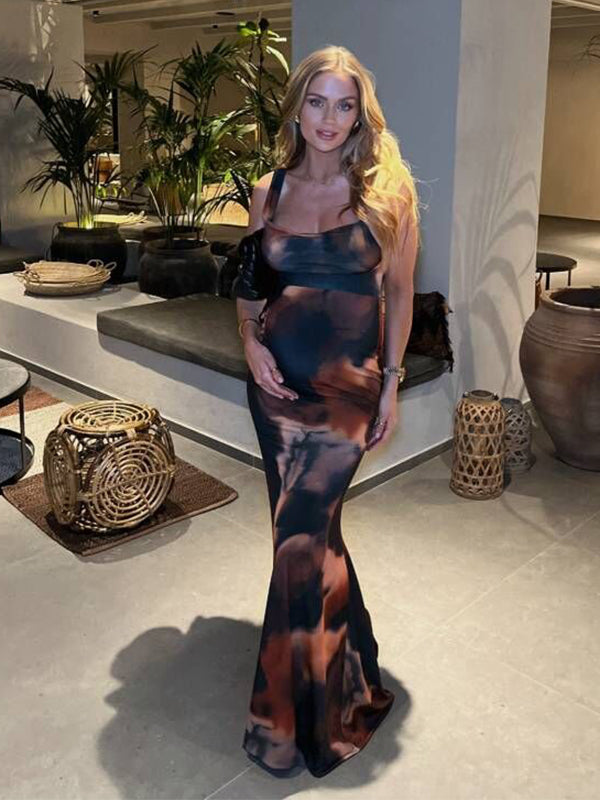 Momsmood Spaghetti Strap Backless Tie Dye Mermaid Bodycon Asymmetric Shoulder Party Maternity Maxi Dress