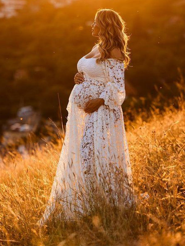 Momsmood Boho Lace Off Shoulder Lace Tassel Crop 2-in-1 Side Slit Ruffle Photoshoot Maternity Maxi Dress