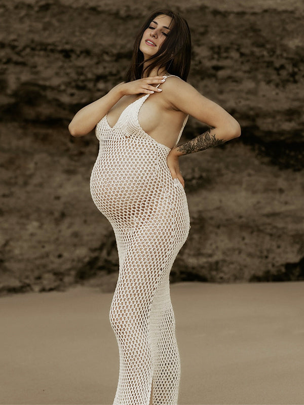 Momsmood White Spaghetti Strap Backless Sheer Crochet V-Neck Vacation Cover-ups Gown Photoshoot Maternity Maxi Dress