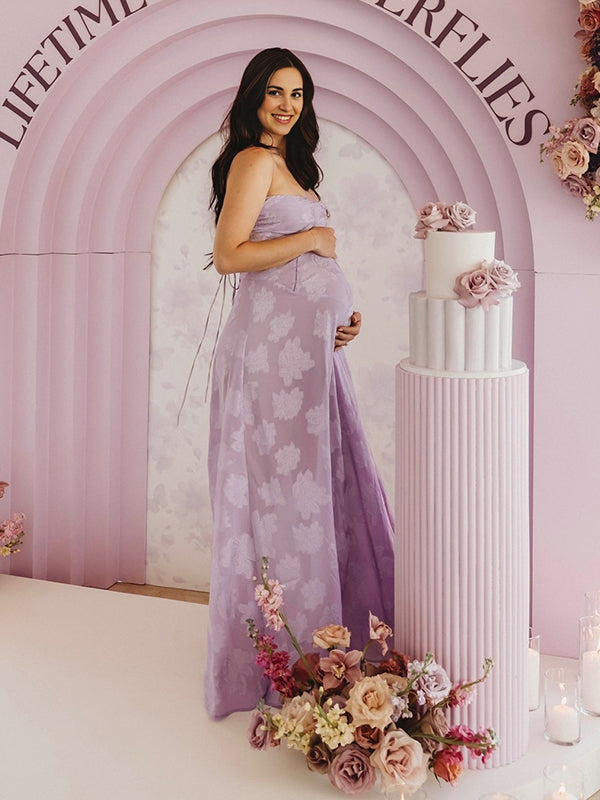 Momsmood Violet Spaghetti Strap Backless Tie Back Big Swing Drawstring Baby Shower Maternity Maxi Dress