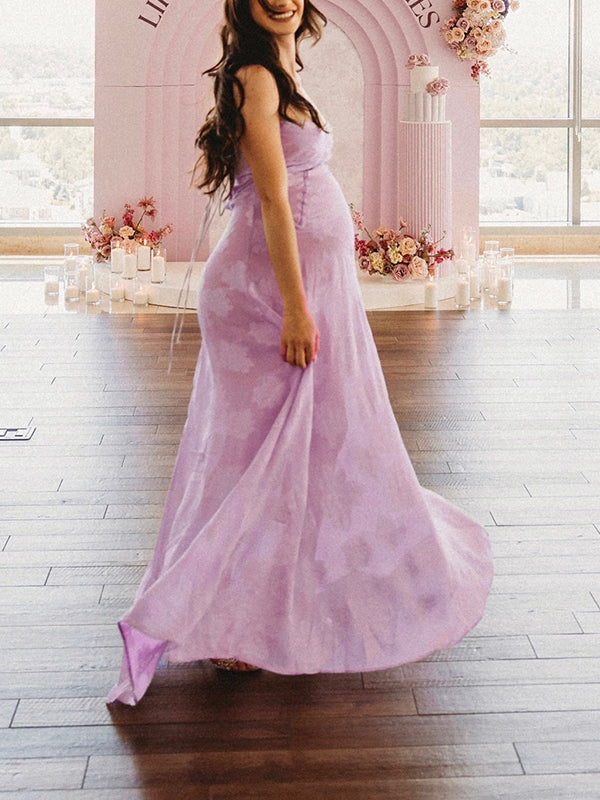 Momsmood Violet Spaghetti Strap Backless Tie Back Big Swing Drawstring Baby Shower Maternity Maxi Dress