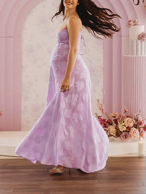 Momsmood Violet Spaghetti Strap Backless Tie Back Big Swing Drawstring Baby Shower Maternity Maxi Dress